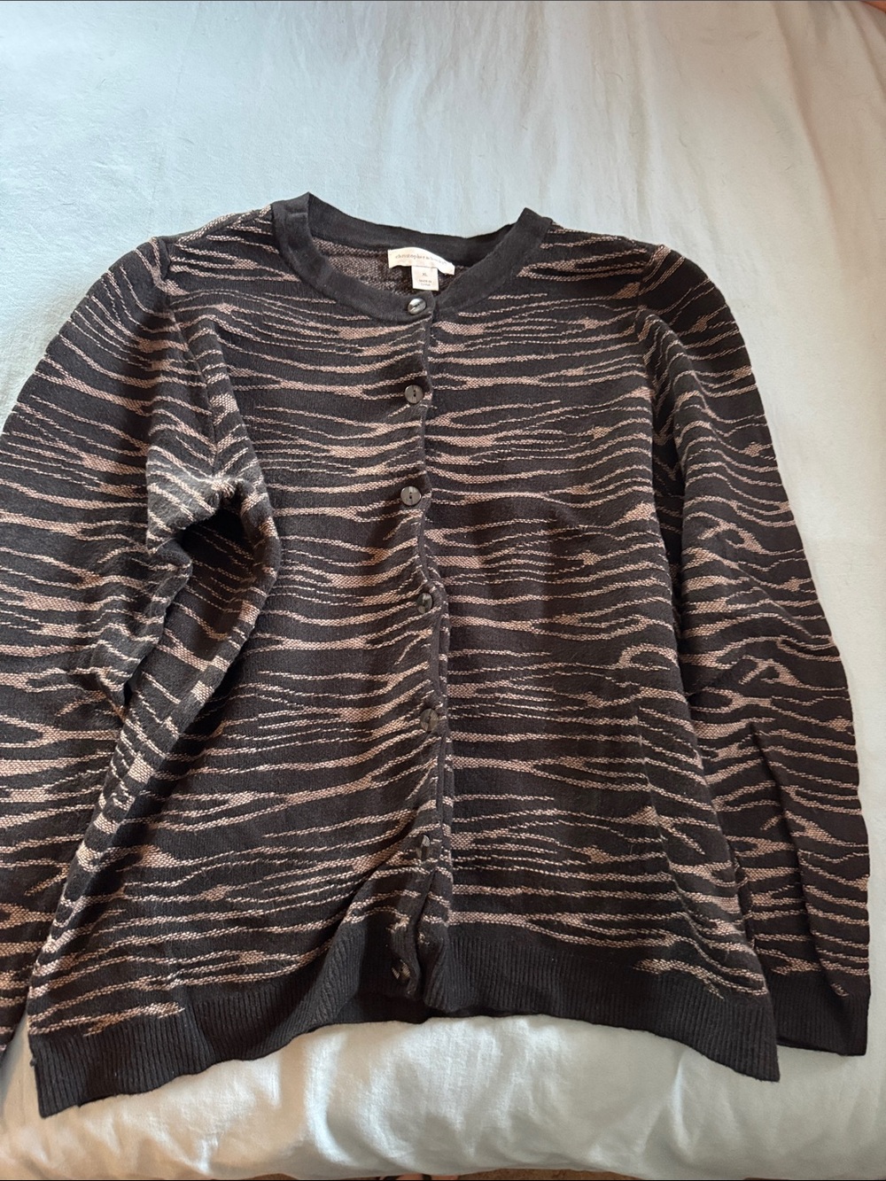 Christopher & Banks Black and Tan Striped Crew Cardigan